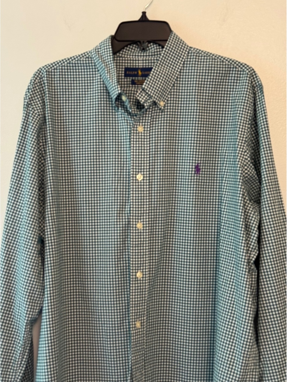 Ralph Lauren Men's Green and White Check Stretch Cotton Button-Down Shirt XL